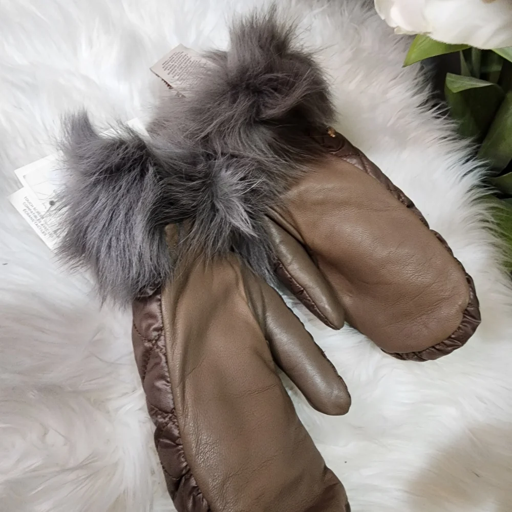 Ugg Quilted Faux Fur-Lined Shearling-Trim Mittens stormy gray S/M new